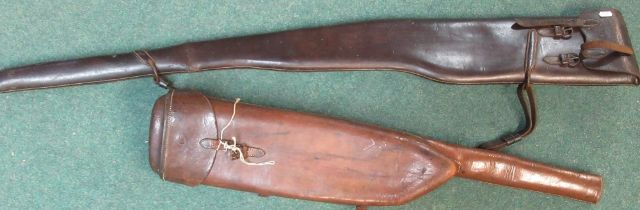 Vintage leather shotgun saddle holster. Leather shotgun slip with shoulder strap and pocket for