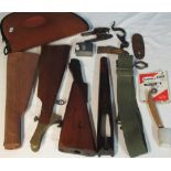 Collection of shooting items inc. 3 wood stocks, fore end, oil bottle, trigger guard, hammers, etc.