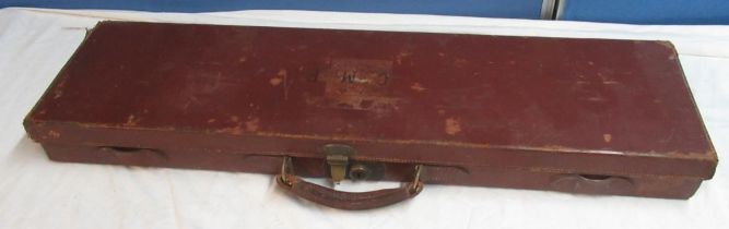 C20th brown leather shotgun case, fitted red baize interior, fitted lock(no key), initialled to