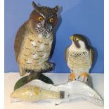 Set of 3 bird scarers inc. large long eared Owl on stand, Peregrine Falcon and a 'Flying' Kestral (