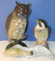Set of 3 bird scarers inc. large long eared Owl on stand, Peregrine Falcon and a 'Flying' Kestral (