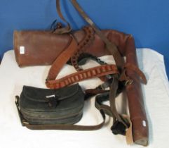 Leather gun slip with fleece lining, large leather cartridge bag with leather strap and three