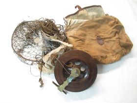 Scarborough fishing reel, keep net and a canvas bag