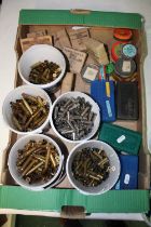 Large collection brass casings 303, 44, 357. bullet boxes, re- enactors packs of cartridge balls (