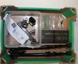 Laser bore sight, rifle bipod, scope rails x2 scope mounts x 4 shoulder strap swivels, and rifle