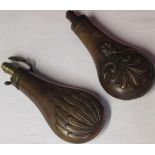 Pair of copper and brass powder flasks, 1 being marked W.Hawkeley
