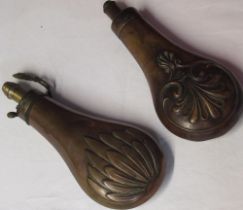 Pair of copper and brass powder flasks, 1 being marked W.Hawkeley