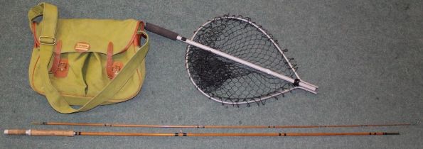 Quality 9ft split cane fly rod by Constable of Bromley. Shakespeare fishing bag. Folding landing net