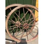 Pair of metal spoked wooden cartwheels with wooden rim and metal tyres (2)