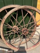 Pair of metal spoked wooden cartwheels with wooden rim and metal tyres (2)