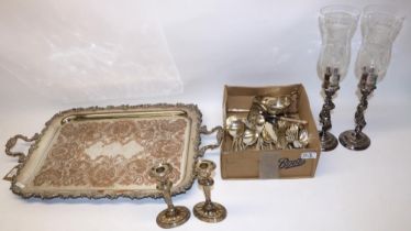 Group of silver plate items, incl. large two handled tray, W. M. Rogers and Son cutlery, two