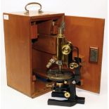 Carl Zeiss Jena - C20th cased compound microscope, lacquered brass body and cast japanned metal Y