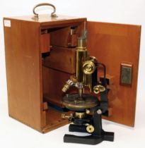 Carl Zeiss Jena - C20th cased compound microscope, lacquered brass body and cast japanned metal Y