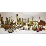 Selection of brass and other metalware incl. candlesticks, Indian teapots, miners lamp, shell