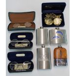 Four hipflasks, 3 pairs of vintage glasses and 2 novelty pocket watches