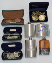 Four hipflasks, 3 pairs of vintage glasses and 2 novelty pocket watches