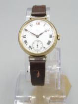 Longines for Sorley Glasgow 9ct gold hand wound trench wristwatch, signed white Roman dial with