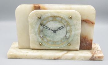 Devall England - Art Deco period variegated marble mantle timepiece, skeletonised brass Arabic