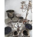 Collection of silver plated items incl. candelabra, tea service, wine cooler, cutlery etc (2 boxes)