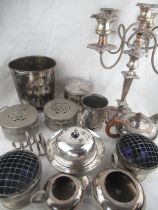 Collection of silver plated items incl. candelabra, tea service, wine cooler, cutlery etc (2 boxes)