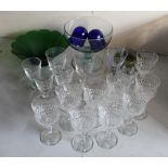 Set of nine wine glasses, Caithness wine glass, green glass fishing float, green glass bowl, fruit