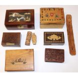 C20th Japanese red lacquered jewellery box with inset relief panel W17cm, Swiss musical cigarette