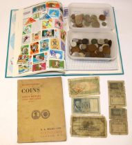 Selection of GB cupro-nickel and other coinage, mix of foreign coinage banknotes and a stamp album