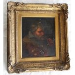 Style of Rembrandt; Portrait of a Gentleman with pipe and jug, oil on oak panel, carved Rembrandt