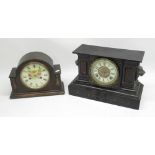 Mid C20th oak cased chiming mantle clock H22cm and a late C19th japanned steel mantle clock set with