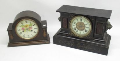 Mid C20th oak cased chiming mantle clock H22cm and a late C19th japanned steel mantle clock set with