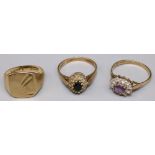 9ct yellow gold diamond and sapphire cluster ring, size N, a 9ct gold clear stone and purple stone
