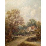 English School (Late C19th); Figures and cattle on a wooded village road with cottage by a stream,