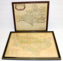 C18th Robert Morden hand coloured map of Dorsetshire by Robert Morden, sold by by Abel Swale,