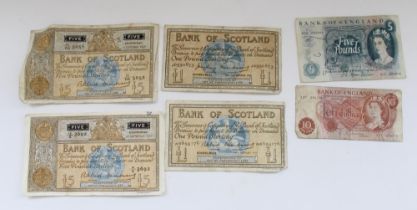 Small selection of BOE and Scottish banknotes incl. two 1959 Bank of Scotland £5 etc.