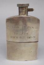 Geo.V hallmarked Sterling silver hip flask with fitted cup, with later personal engraving, by Deakin