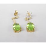 9ct yellow gold drop earrings set with pear cut peridot, stamped 375, 3.3g
