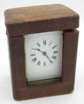 Early C20th brass cased carriage clock timepiece, white enamel Roman dial, visible platform lever