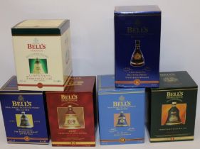 Six Bell's bell-shaped whisky decanters, sealed and boxed: Christmas 1994, 75th Birthday of QEII,