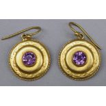 18ct yellow gold circular drop earrings set with amethyst, stamped 18ct, 2.9g