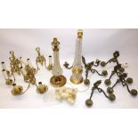 Quantity of vintage brass wall light fittings, and two large Bohemian glass and brass-effect table