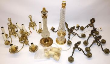 Quantity of vintage brass wall light fittings, and two large Bohemian glass and brass-effect table