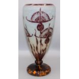 Schneider French Art Deco cameo glass vase, decorated with purple stylised flowers, signed on