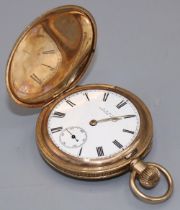 Waltham rolled gold keyless wound and set Hunter pocket watch, signed white enamel Roman dial with