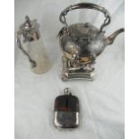 Victorian EPNS spirit kettle on stand, clear glass claret jug with EPNS mount and handle, and an