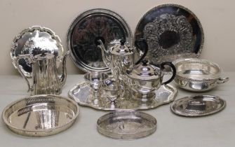 Silver plated tea set, serving trays, coffee pot and other silver plated items (qty)