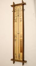 C20th Admiral Fitzroy's Barometer in oak cuneiform frame with twin brass sliding indictors,