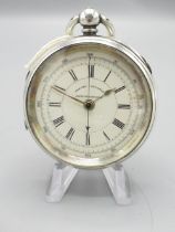 Victorian silver key wound and set Centre Seconds Chronograph open faced pocket watch, signed