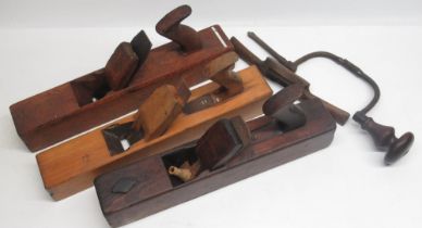 Three beech carpenter's jack planes, brace and bit and a wooden spoke shave (5)