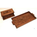 Early C20th oak box, with arcade and oak leaf carved sides, hinged lid with relief carved floral