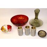 Whitefriars controlled bubble ashtray D10cm, cut glass ruby tinted fruit bowl, other glassware and